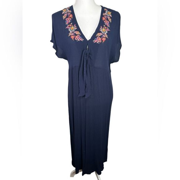 Johnny Was Embroidered Kaftan Kimono Maxi Dress Bohemian Navy Medium - Picture 1 of 11